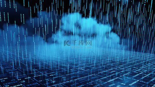 二进制代码背景上的 3D 渲染蓝色云形状说明了云计算的概念