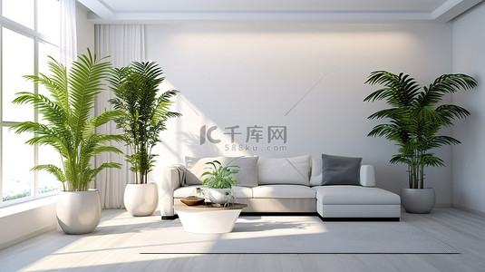 绿色了背景图片_令人惊叹的 3D 插图展示了当代生活空间，配有漂亮的家具和郁郁葱葱的绿色植物