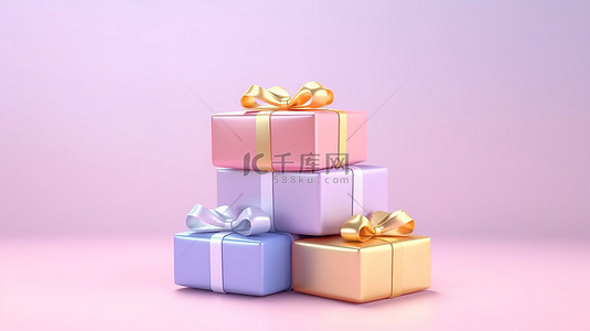 粉色背景上简约设置 3D 渲染的柔和礼品盒