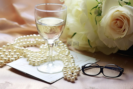 婚礼当天背景图片_带珍珠眼镜和鲜花的婚礼当天卡