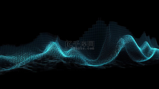 蓝色科技感背景图片_网络技术波具有动态点运动的 3D 渲染抽象粒子流