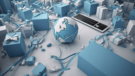 圣诞圣诞背景图片_以白色和蓝色色调连接到计算机鼠标的礼物环绕着以美国为中心的世界的 3D 渲染
