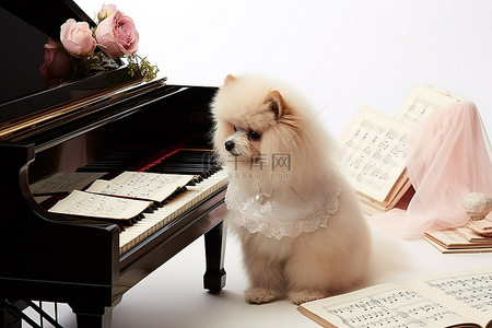 一张乐谱，一只狗坐在钢琴旁边