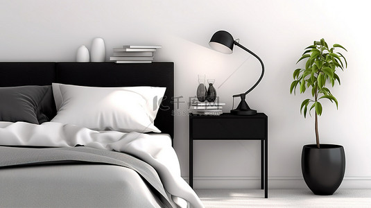 现代黑白卧室配有设计师床头柜和 3D 渲染的装饰