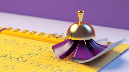 可爱日历背景图片_3D 渲染一个可爱的紫色日历，带有空白复选框和黄色铃铛作为提醒
