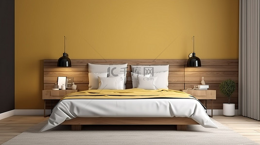 现代卧室配有奶油色墙壁和时尚的木纹家具，采用棕色和黄色色调 3d 渲染
