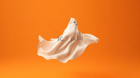 在 3D 万圣节艺术品中，戴着女巫帽子的幽灵飞行精灵在充满活力的橙色背景上翱翔