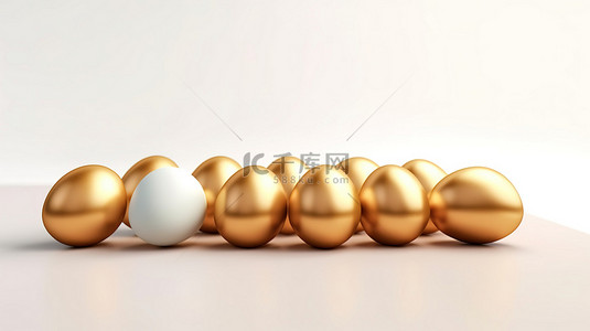 闪亮的金蛋装饰着清晰的白色背景上的蛋面板，3D 渲染中的简约圣诞节和复活节概念