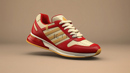 跑步背景背景图片_训练和时尚运动鞋卡其色运动鞋，带有红色和金色装饰逼真的 3D 插图