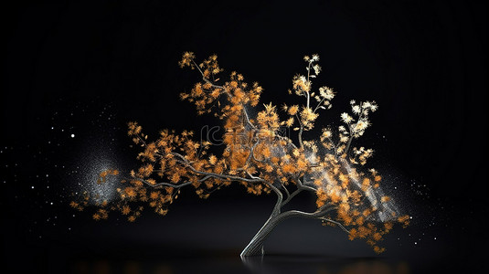 秋花背景图片_优雅的明亮分支在 3d 渲染中在带有粒子的黑暗背景下蓬勃发展