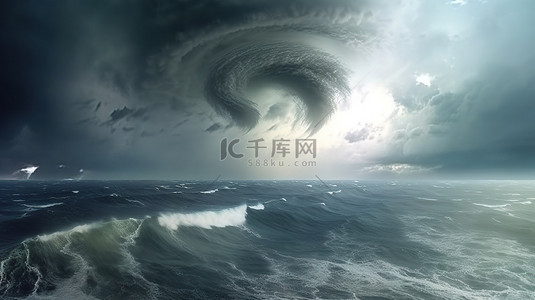 巨大的气旋，迷人的风暴和大风盘旋在海洋 3D 渲染上