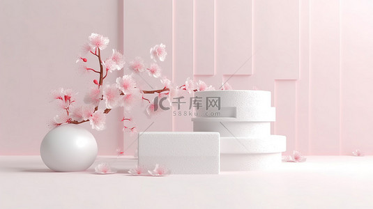 简约优雅的日式主题背景，带讲台和樱花，用于产品展示 3D 数字插图