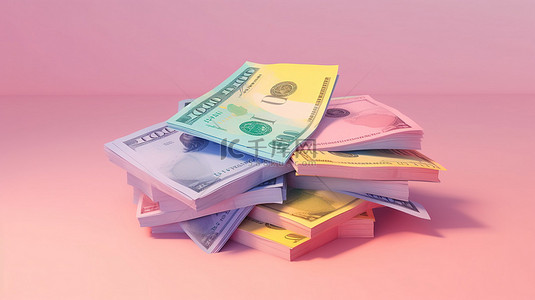 浮动包装中的柔和欧元纸币，粉红色背景中的 3d 渲染