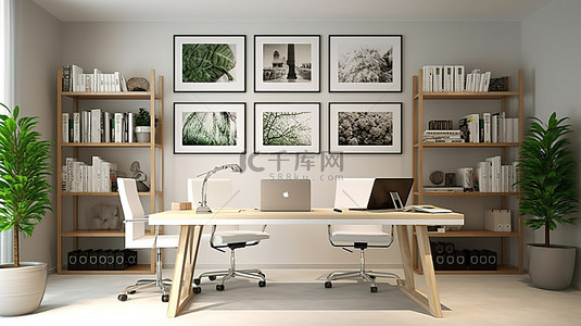 我手工制作的 Photoshop 绘画展示了现代家庭办公室内部 3D 渲染，显示在框架中