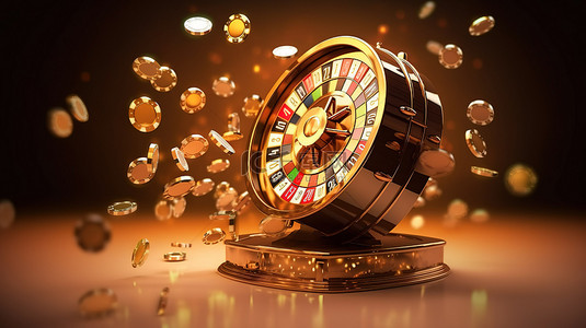 金色背景在线赌场中带有飞行筹码和骰子的真实 3D 老虎机
