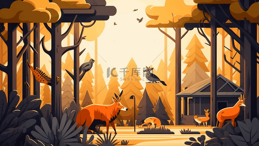 森林动物暖色调卡通背景