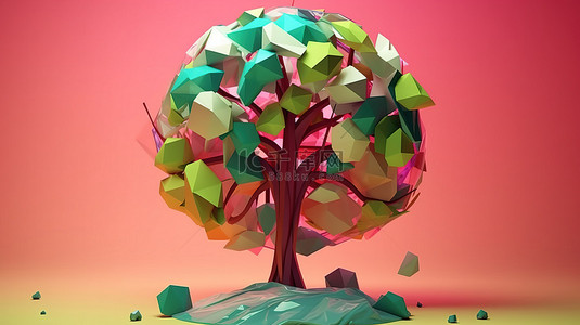 抽象背景上的极简卡通风格 3d 低聚树