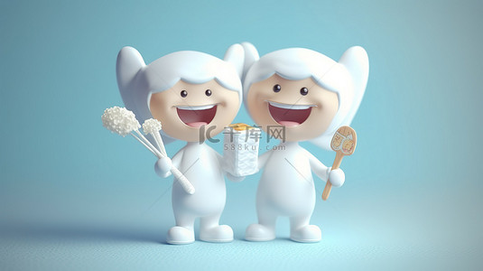 可爱的 3D 卡通插图，以牙仙子和牙卫士角色为特色