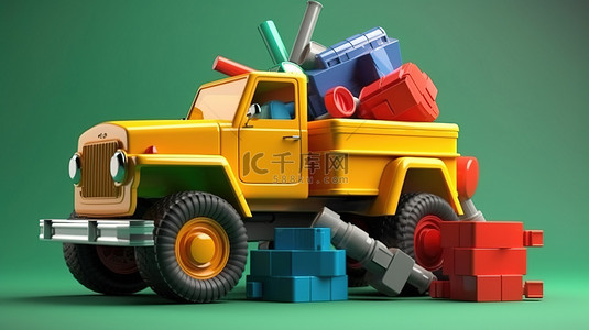 彩色吉普车敞篷自卸车和起重机玩具 3D 插图供儿童使用