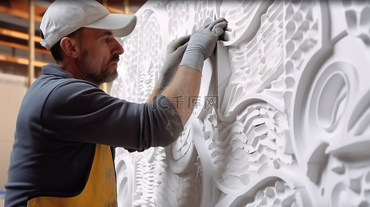 装修背景图片_石膏 3D 面板的安装熟练工人将瓷砖固定在墙上