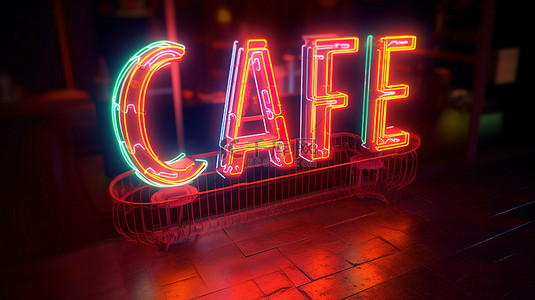 霓虹灯彩色背景图片_用霓虹灯字母高品质 3D 渲染创建的照明咖啡馆标志