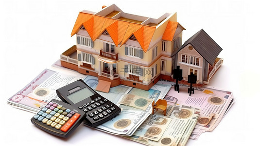 3d 房屋模型印度货币和描述印度金融和住房贷款概念的计算器