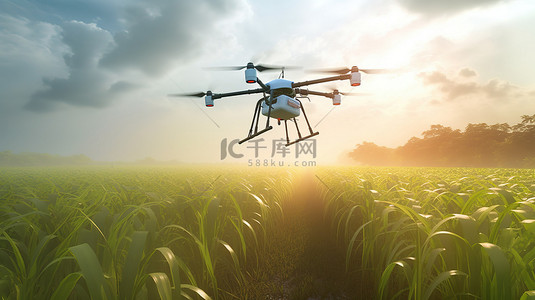 农场桃树背景图片_3d 渲染插图无人机在甘蔗农场喷洒肥料