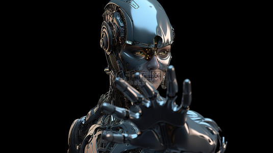 女性机器人与手指指向和护目镜 3D 渲染图像