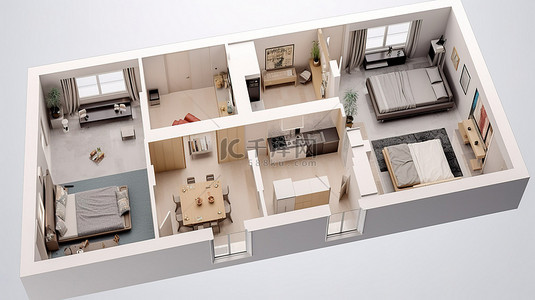 装修家庭背景背景图片_以 3D 渲染的两卧室公寓的纸模型，展示白色背景上的空荡荡的内部