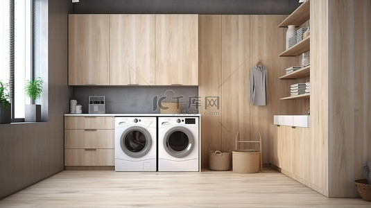 木制洗衣房中的洗衣机 3d 渲染