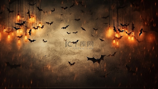 万圣节夜海报背景图片_以蝙蝠为背景的万圣节横幅的 3D 插图