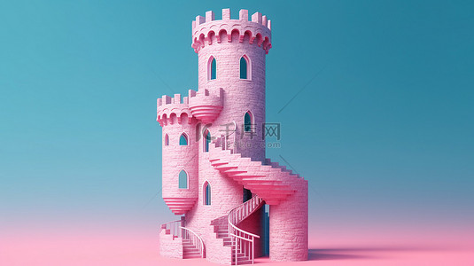 童话城背景图片_双色粉红色背景突出了宏伟的蓝色城堡塔楼，内部梯子 3D 渲染