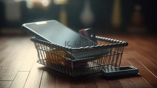 使用智能手机在背景 3D 渲染上使用信用卡和篮子使在线购物变得容易