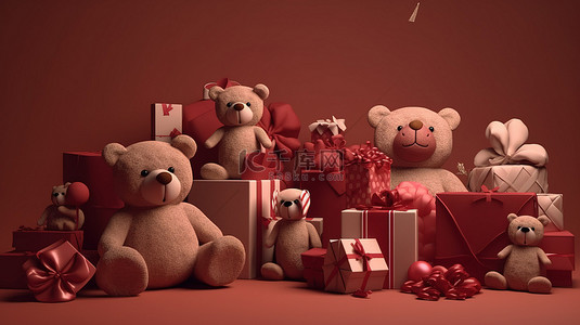 红包背景图片_3D 渲染的节日场景，抽象背景中带有泰迪熊礼物和袋子
