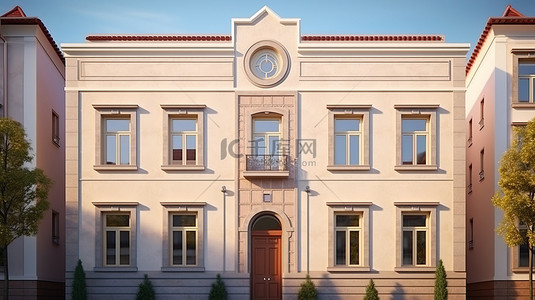 房屋元素背景图片_带装饰假窗的经典三层房屋正面的 3D 渲染