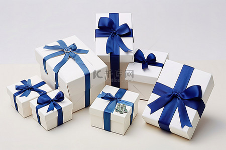 带蓝色蝴蝶结和标签的白色礼品盒