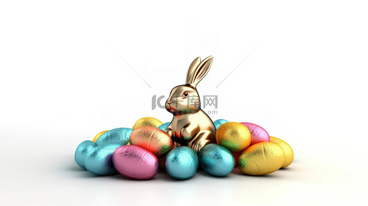 白色背景上复活节兔子和彩蛋的 3D 渲染，具有充足的复制空间