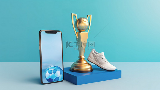 智能手机中的足球比赛应用程序 3d 渲染具有奖杯运动鞋和蓝色背景上的复制空间