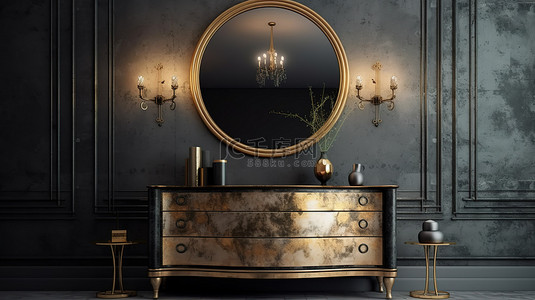 装饰艺术风格的优雅梳妆台，具有镀金外观和精致的古铜色，配有圆形镜子和 3D 渲染中捕获的壁灯