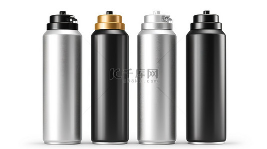 涂鸦瓶子背景图片_在白色背景 3d 渲染上隔离的气溶胶喷雾罐的三联体