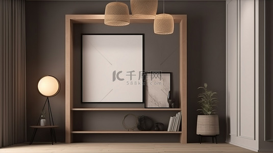 室内场景 3D 渲染用大框吸顶灯和木制控制台展示您的照片