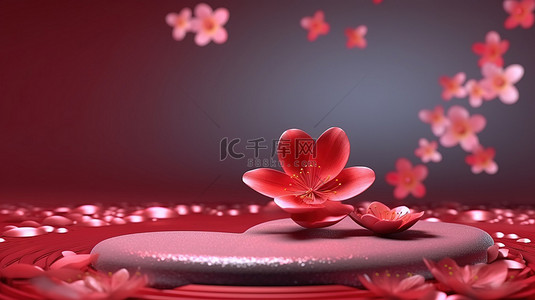 浪漫的情人节背景，以 3D 渲染中的红色花朵为特色