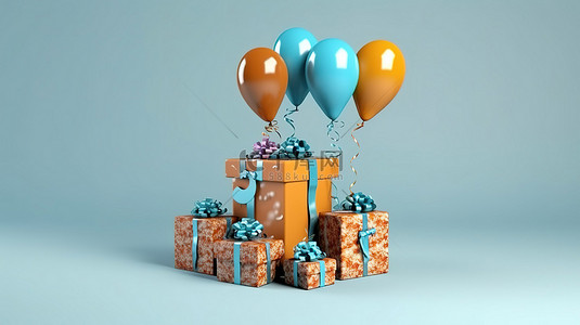 气球布置背景图片_节日生日布置的 3D 渲染，包括礼品盒和气球，用于第三次庆祝活动