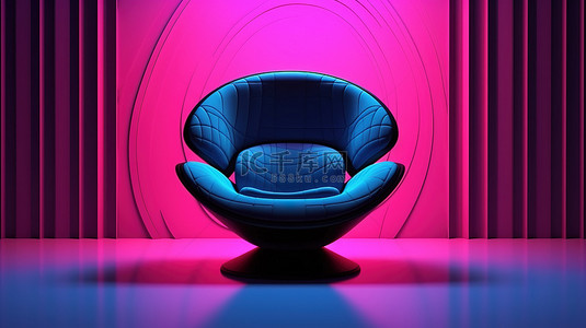游戏进行中背景图片_现代游戏扶手椅，采用时尚的黑色和蓝色设计，设置在抽象房间中，带有弧形元素，在粉红色背景下进行 3D 渲染