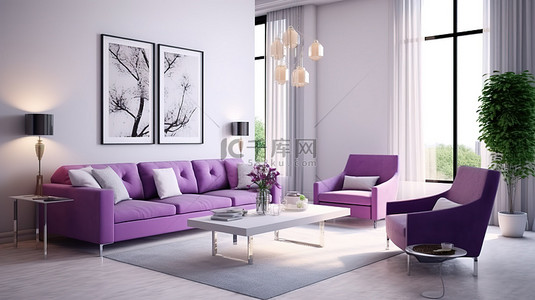 优雅背景图片_白色客厅和餐厅的时尚 3D 渲染，配有优雅的紫色沙发