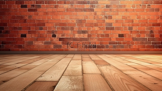空房间 3D 渲染中木板木地板和红砖垃圾墙的强烈特写