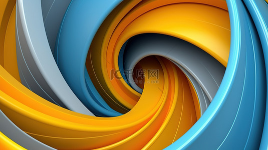 灰色背景上蓝色橙色和黄色色调螺旋的抽象 3D 渲染