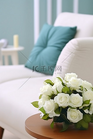 家具背景图片_房间装饰客厅鲜花与白色花环