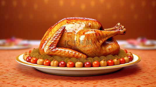 感恩节横幅的 3D 插图，盘子上有烤火鸡