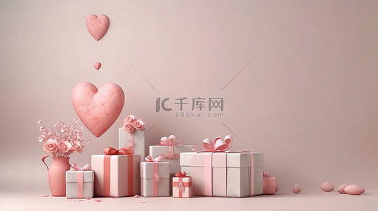 情人节贺卡模板背景图片_母亲节的节日背景，以 3D 渲染的礼盒气球和心形为特色